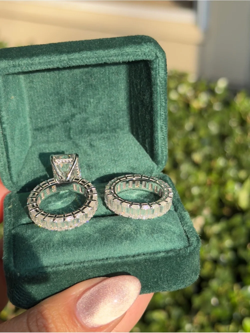 30cttw big emerald cut vvs1 color D Moissanite eternity wedding set